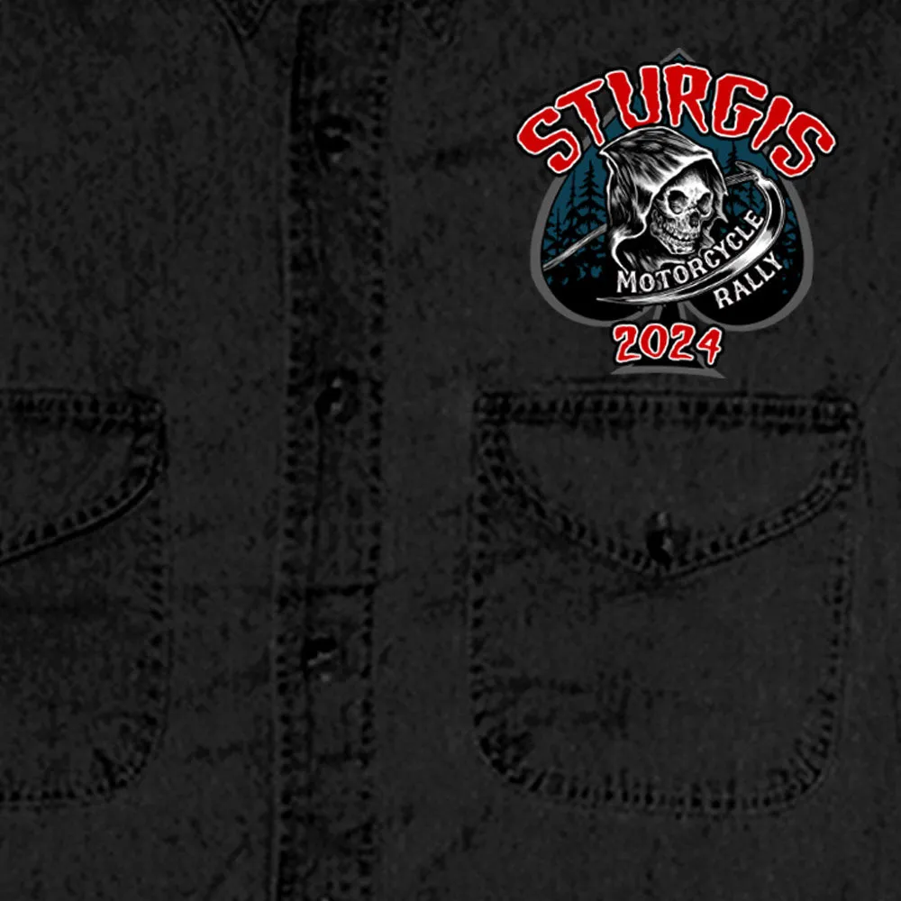 2024 Sturgis Motorcycle Rally Reaper Rider Black Sleeveless Denim Shirt SPB5099