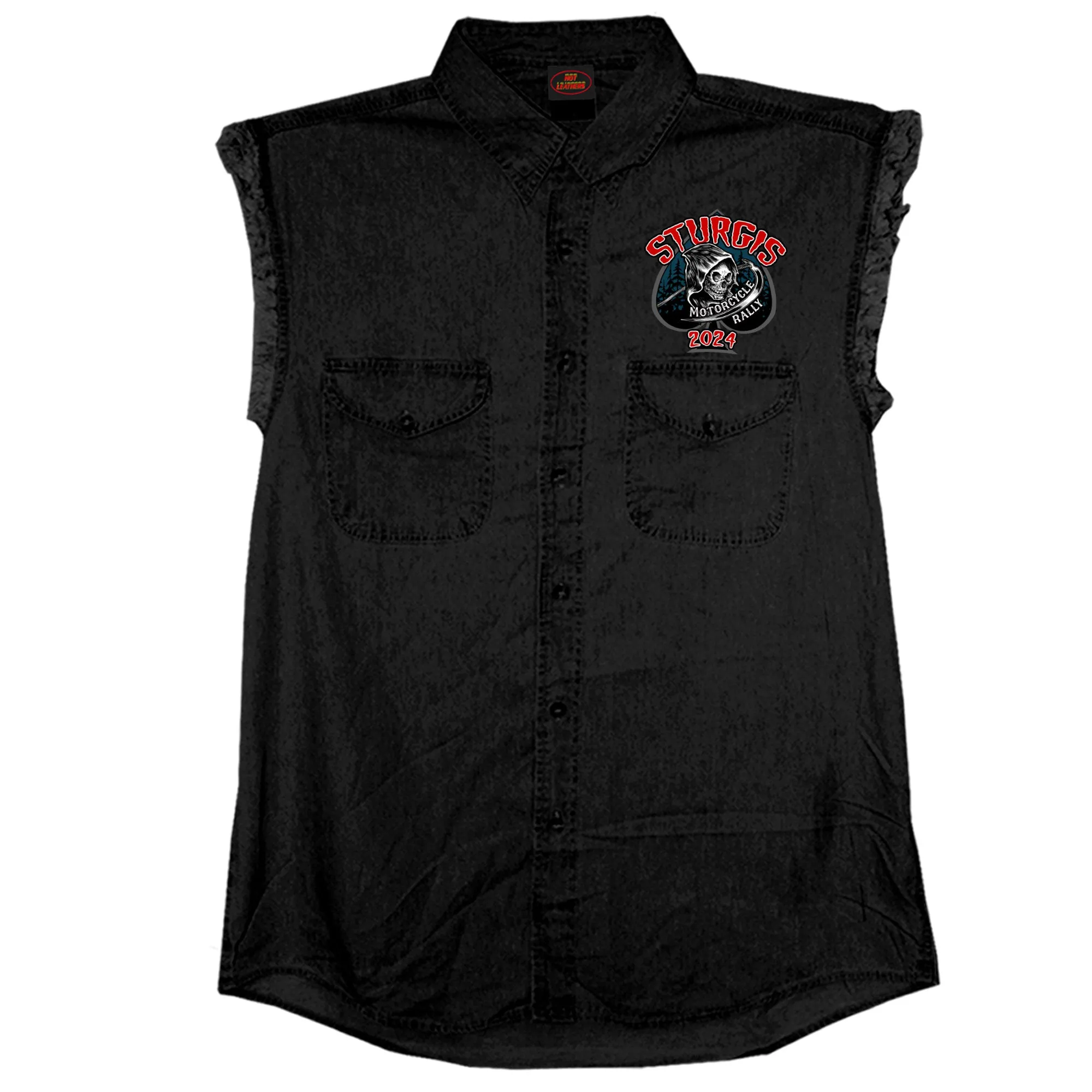 2024 Sturgis Motorcycle Rally Reaper Rider Black Sleeveless Denim Shirt SPB5099