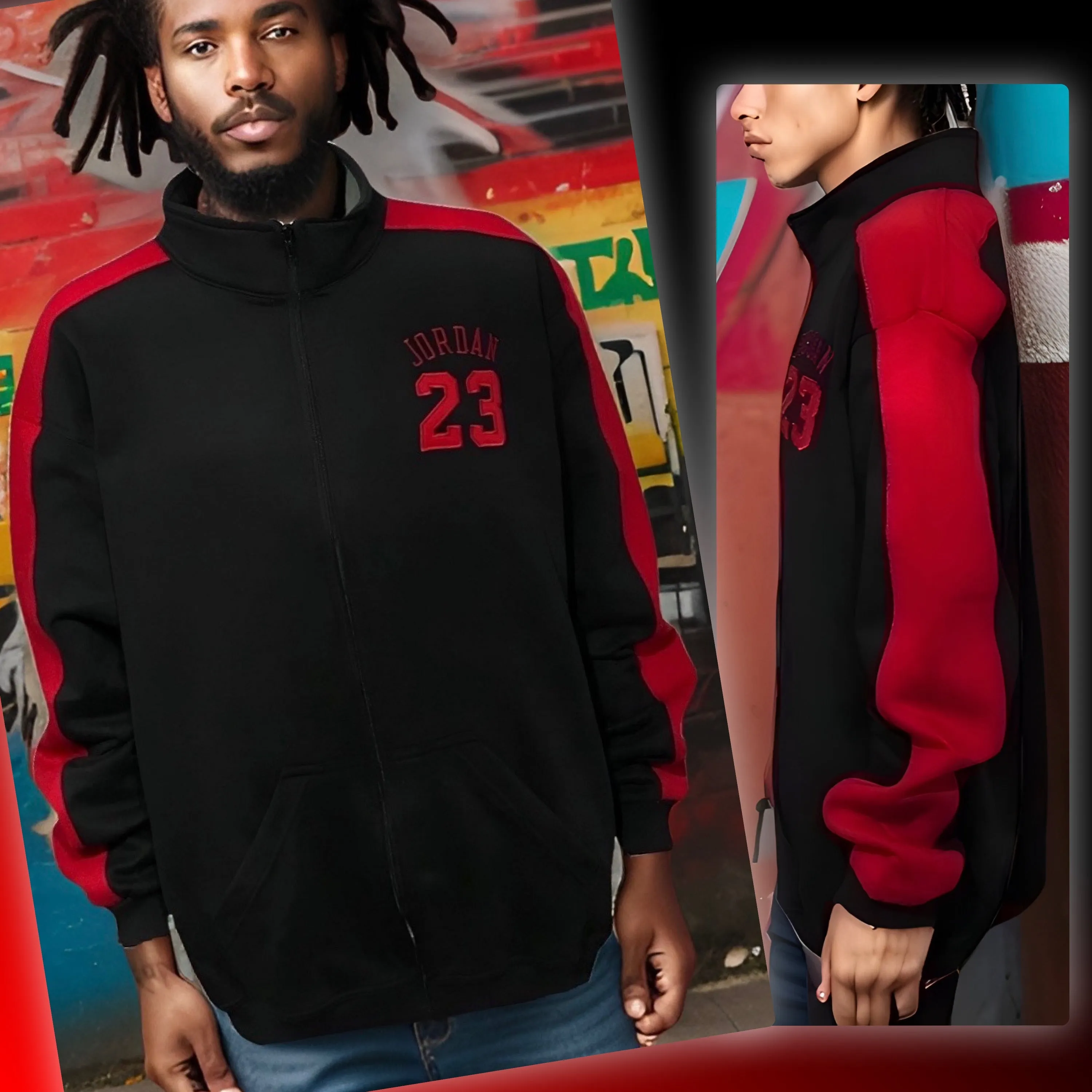 ^23^ (BLACK/RED) ZIP UP TRACK JACKETS (CUT & SEW) (EMBROIDERED LOGO)