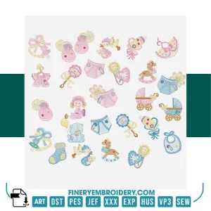 Adorable Baby Essentials Embroidery Collection – 26 Charming Designs for Baby-Themed Creations