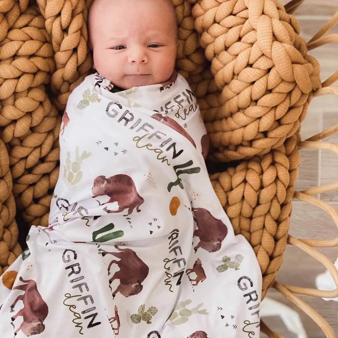 Blake's Bison Personalized Baby Name Swaddle Blanket