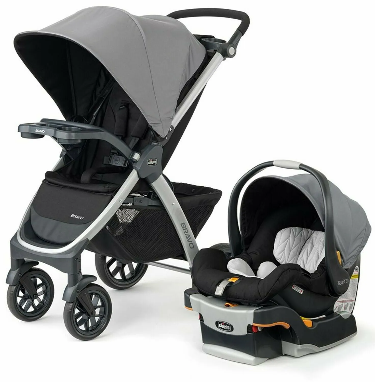 Chicco Bravo Baby Travel System with Car Seat Playard Diaper Bags Combo Grey