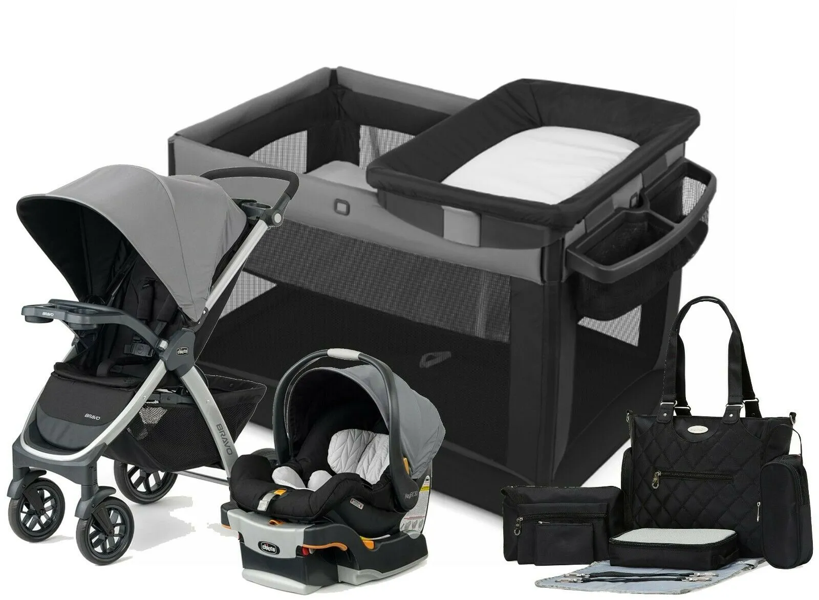 Chicco Bravo Baby Travel System with Car Seat Playard Diaper Bags Combo Grey