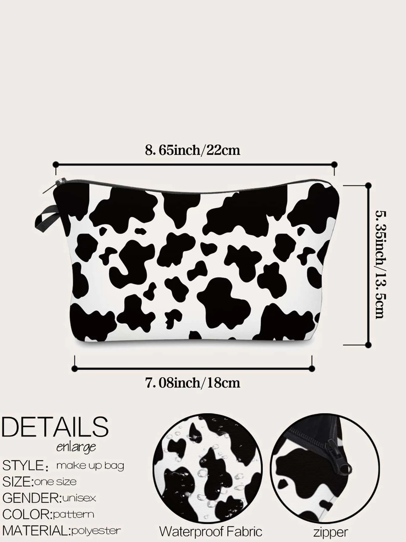 Cow Color Makeup Bag Cosmetic Organizer Toiletries Bag Makeup Organizer Zip