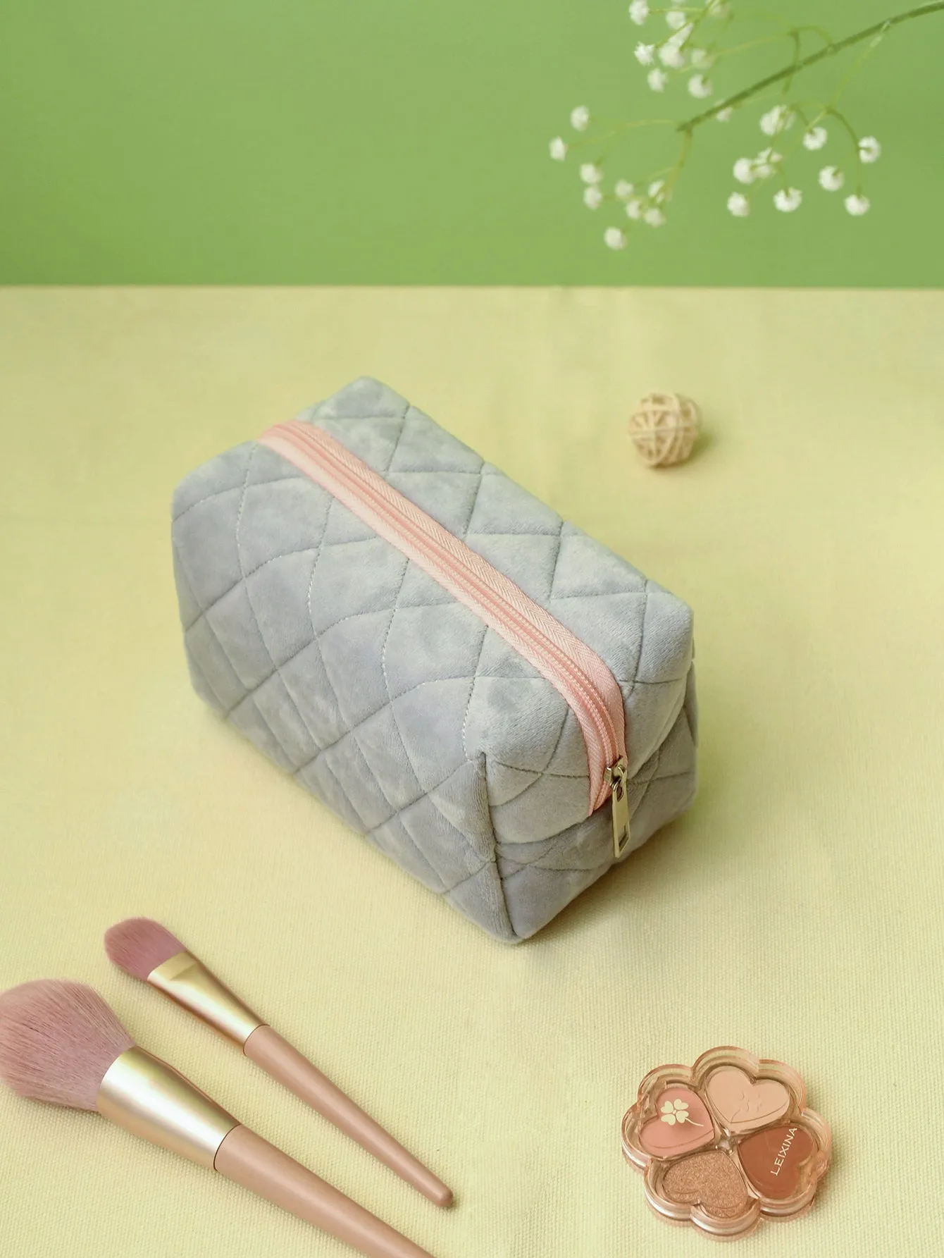 Grey Plush Square Makeup Bag Cosmetic Organizer Toiletries Bag Makeup Organizer