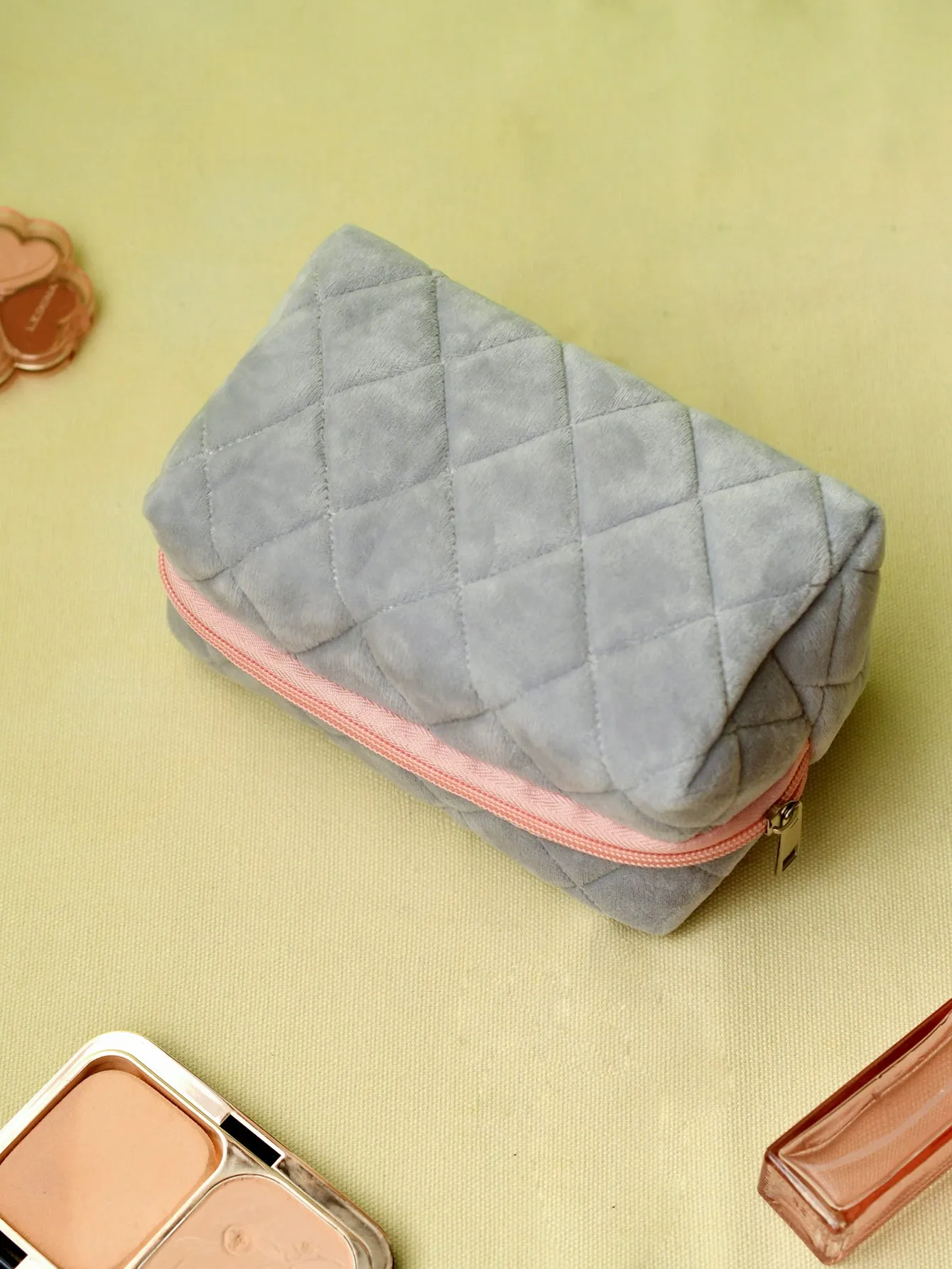 Grey Plush Square Makeup Bag Cosmetic Organizer Toiletries Bag Makeup Organizer