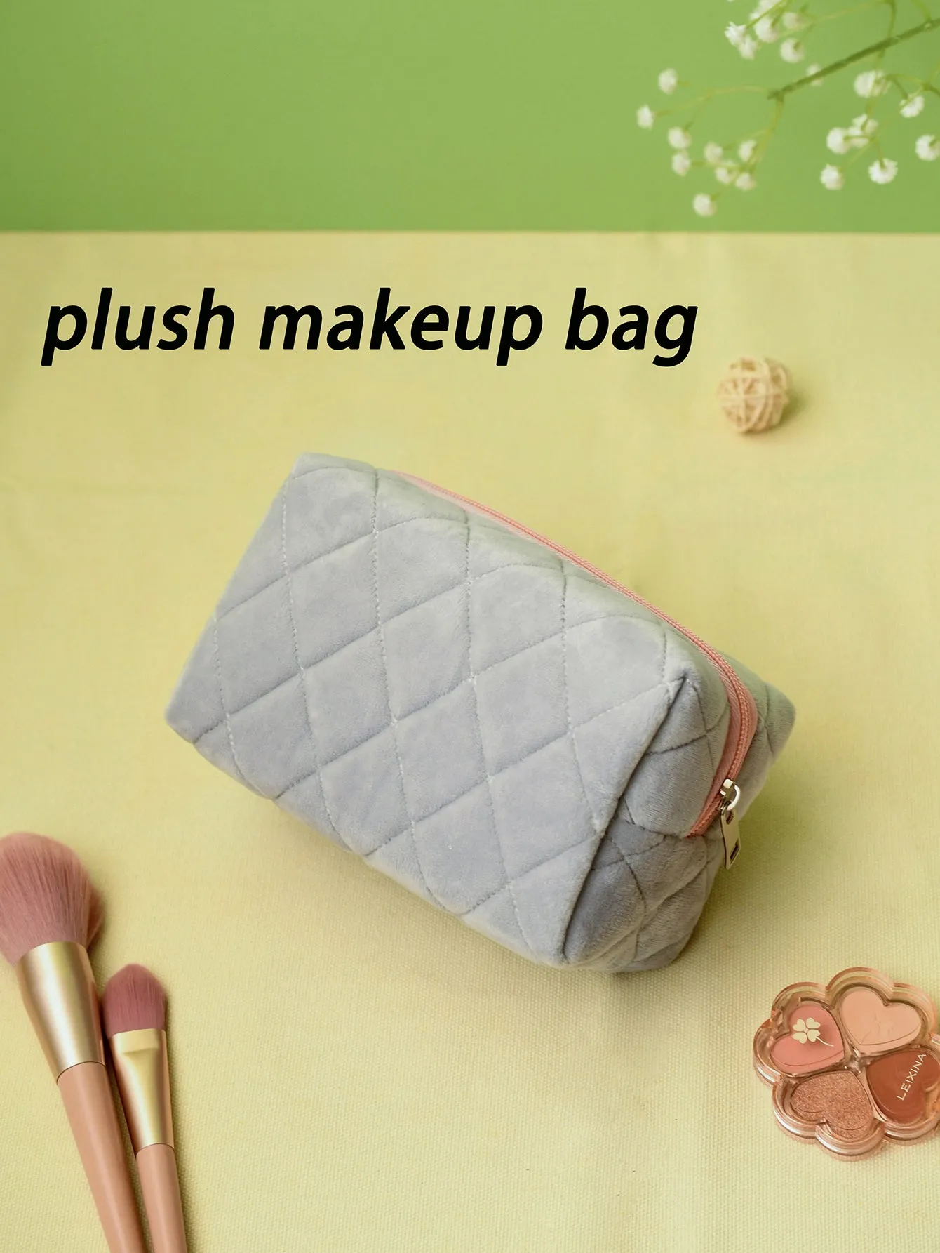 Grey Plush Square Makeup Bag Cosmetic Organizer Toiletries Bag Makeup Organizer