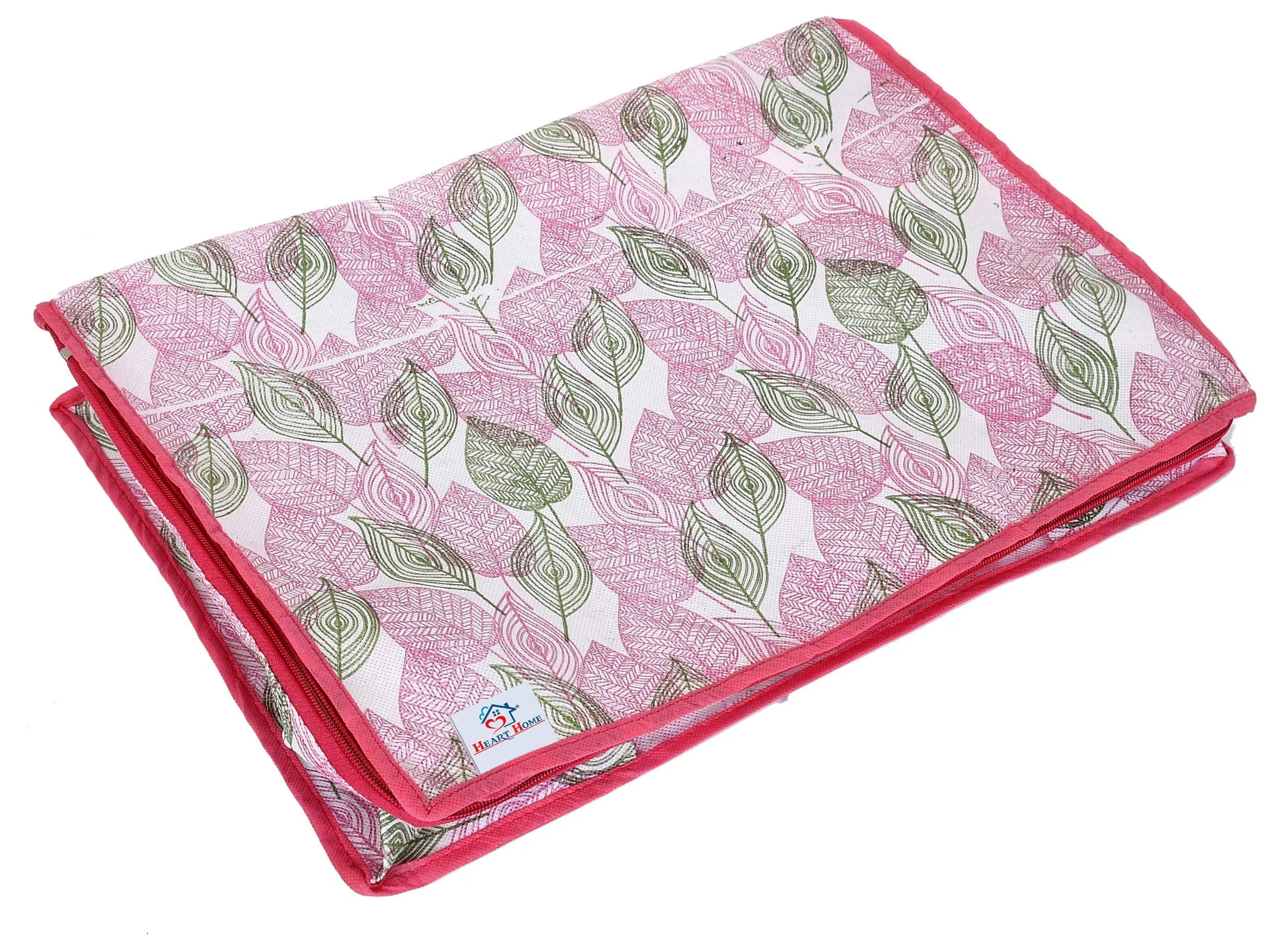 Heart Home Metalic Leafy Print Non Woven Underbed Storage Bag|Cloth Organiser|Storage Bag For Clothes Large|Blanket Cover with Transparent Window (Pink)