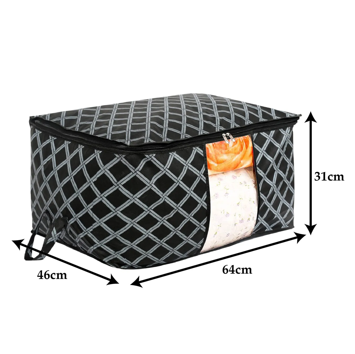 Heart Home Non-Woven Check Print Jumbo Underbed Storage Bag|Clothes Organizer For Clothes, Quilts, Blankets With Handle Pack of 3 (Black)