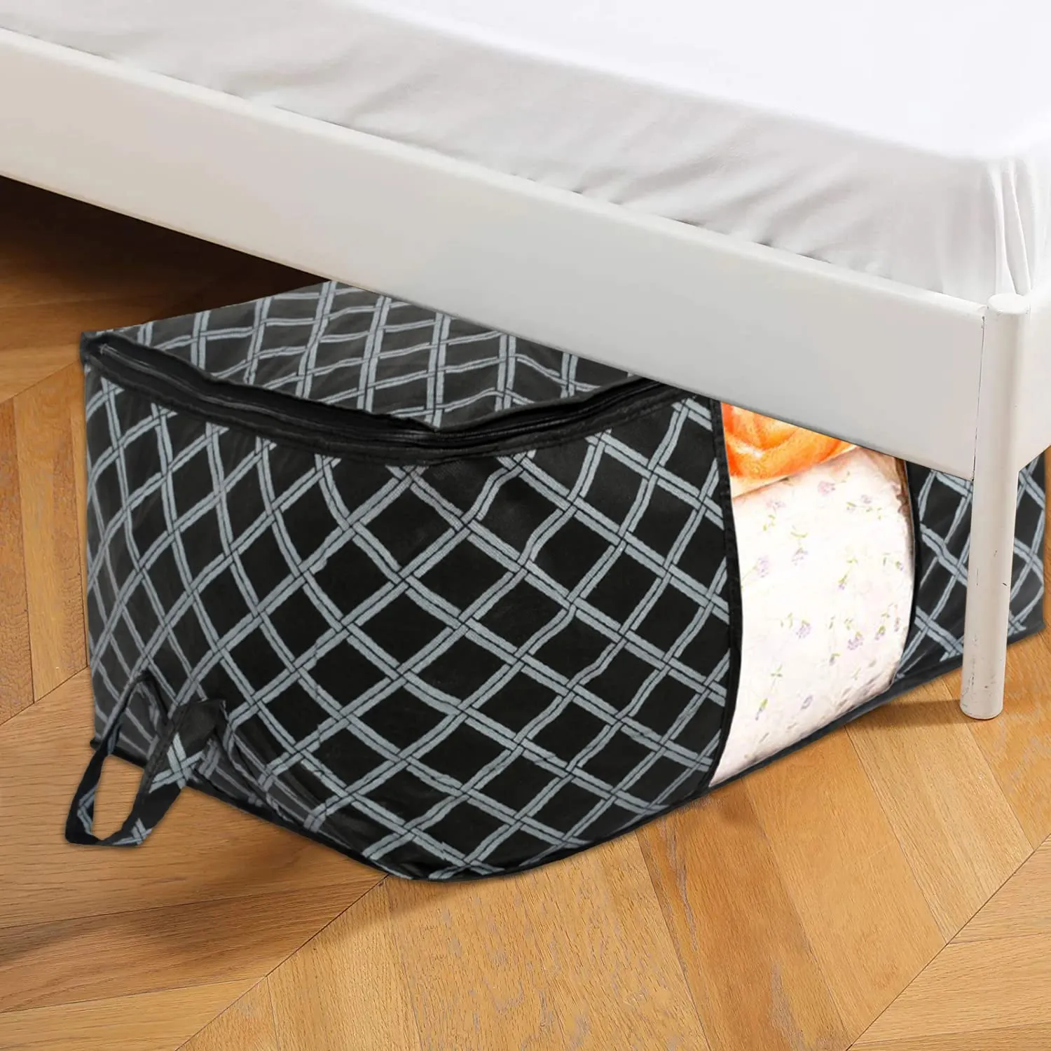 Heart Home Non-Woven Check Print Jumbo Underbed Storage Bag|Clothes Organizer For Clothes, Quilts, Blankets With Handle Pack of 3 (Black)