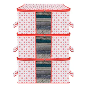 Heart Home Underbed Storage Bag | Clothes Storage Organizer | Blanket Cover with Clear Window | Zipper Closure & Handle Cloth Organizer | Dot-Design | Large | Pack of 3 | Red