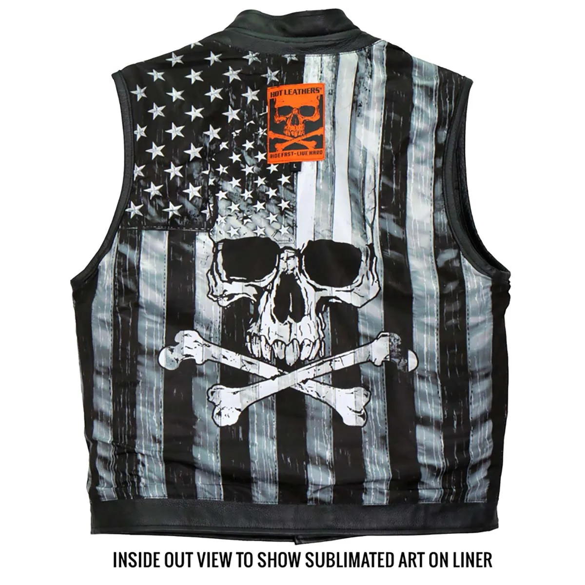 Hot Leathers VSM1054 Men’s Black 'Skull Flag' Conceal and Carry Leather Vest