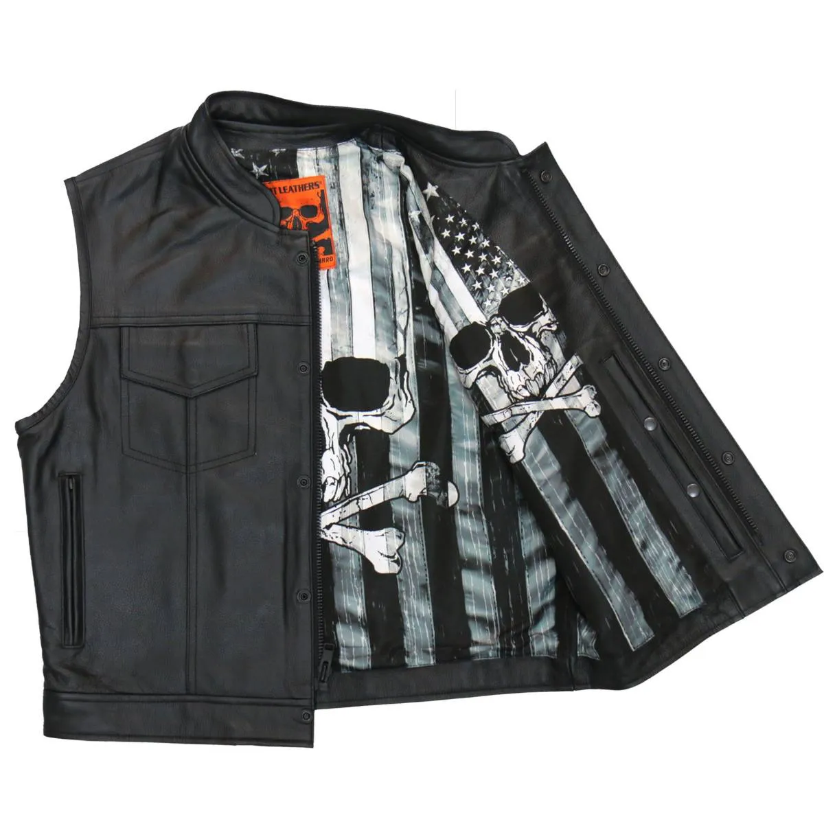 Hot Leathers VSM1054 Men’s Black 'Skull Flag' Conceal and Carry Leather Vest