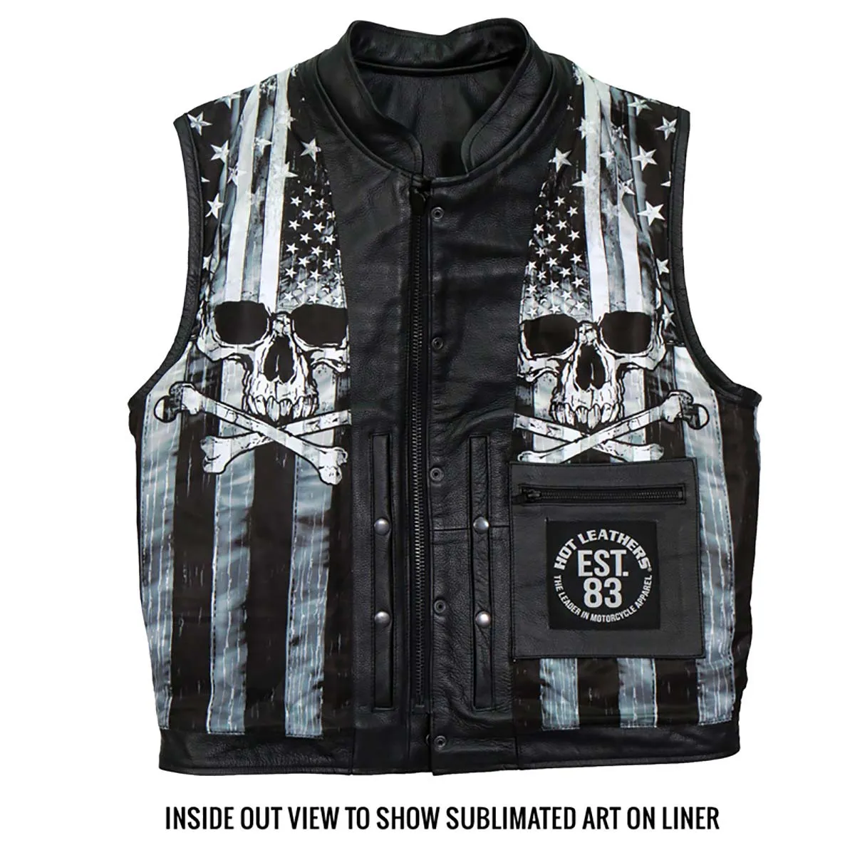 Hot Leathers VSM1054 Men’s Black 'Skull Flag' Conceal and Carry Leather Vest