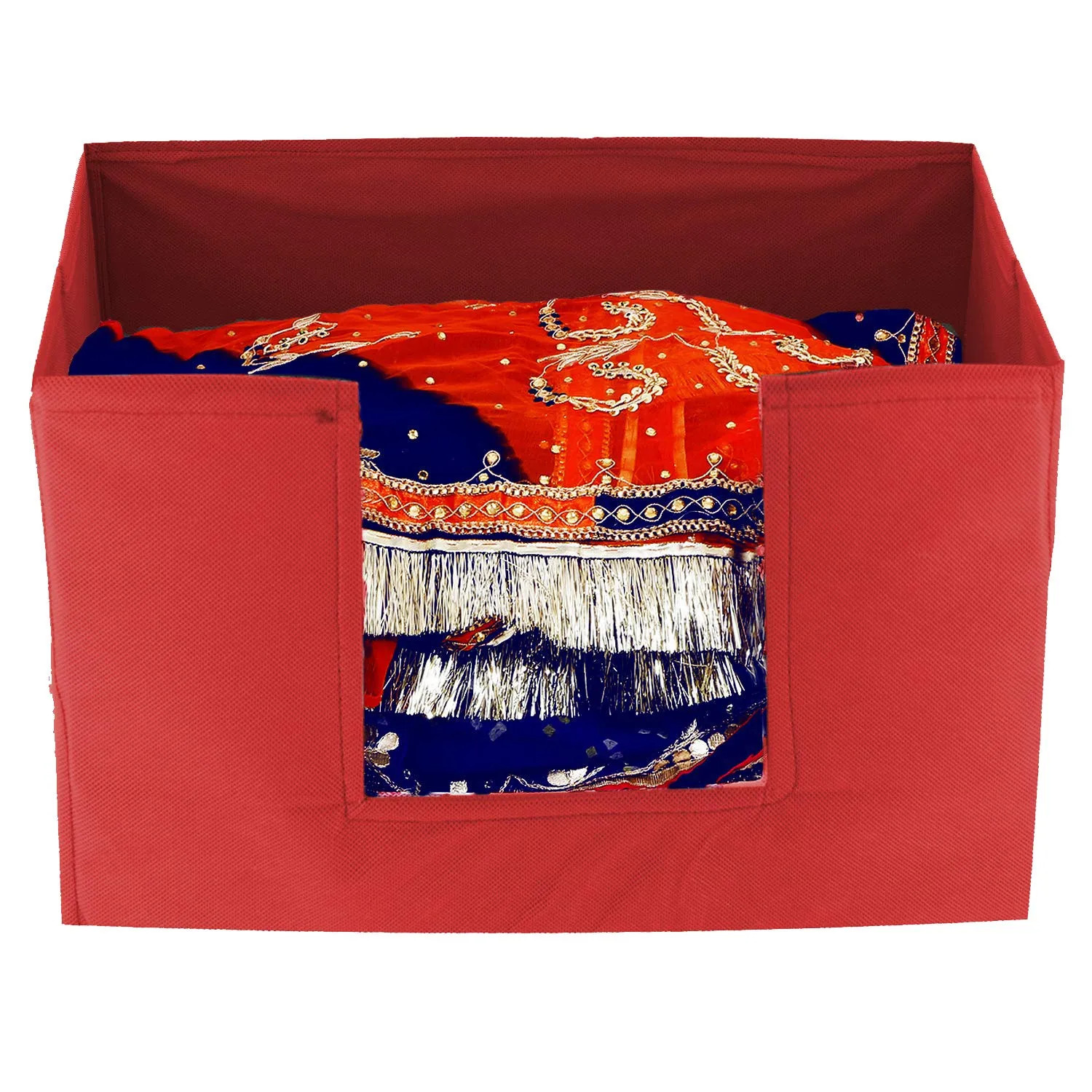 Kuber Industries 3 Pieces Large Capacity Space Saver Closet, Stackable and Foldable Saree, Clothes Storage Bag, Non-Woven Rectangle Cloth Saree Stacker Wardrobe Organizer (Red) CTKTC034611