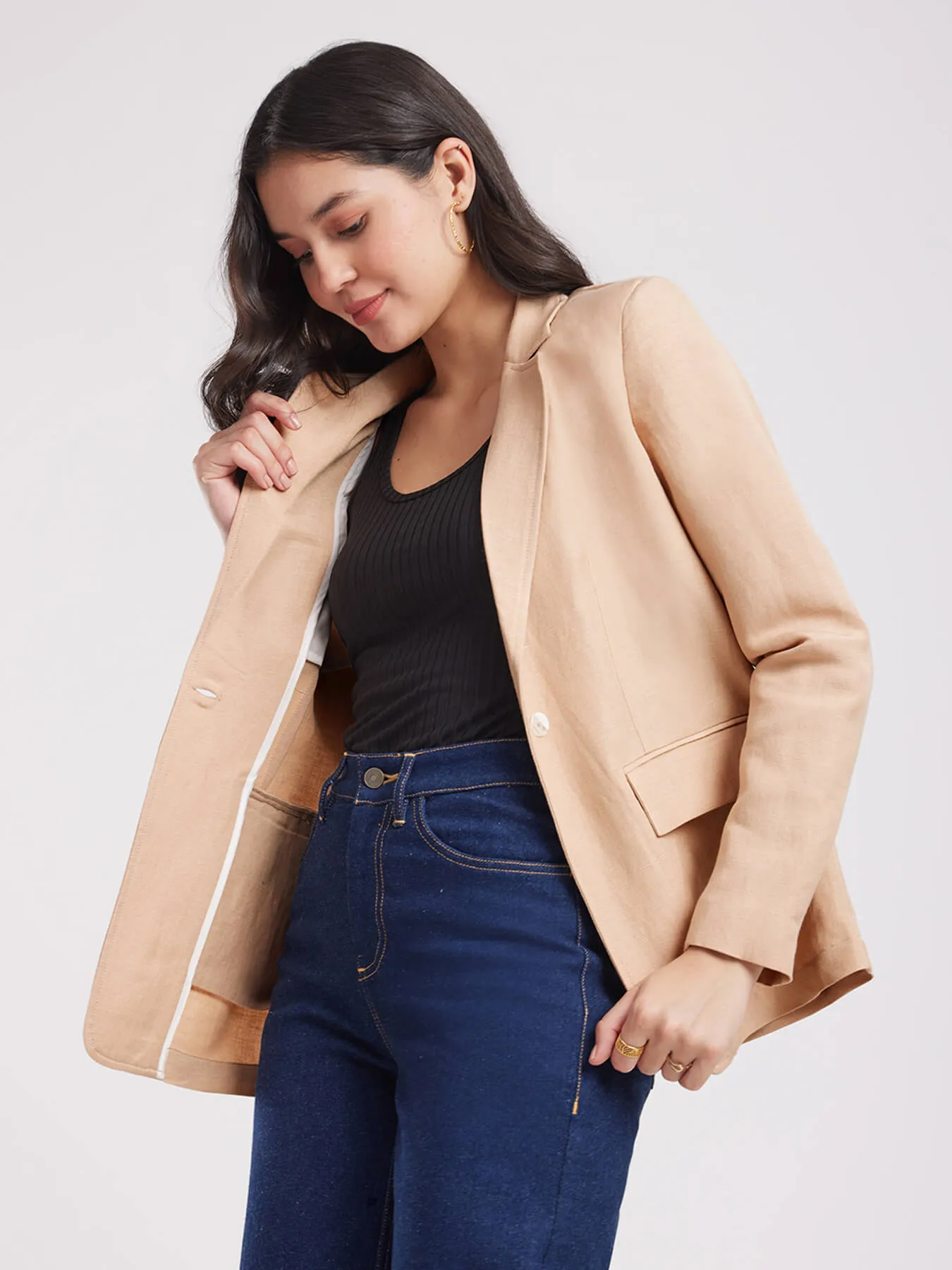 Linen Single Breasted Blazer - Beige