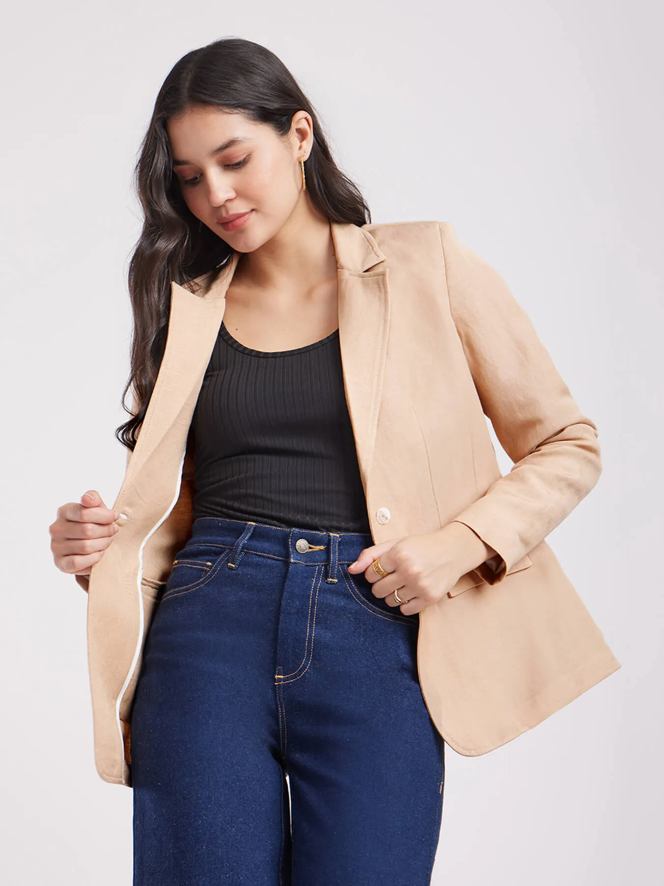 Linen Single Breasted Blazer - Beige