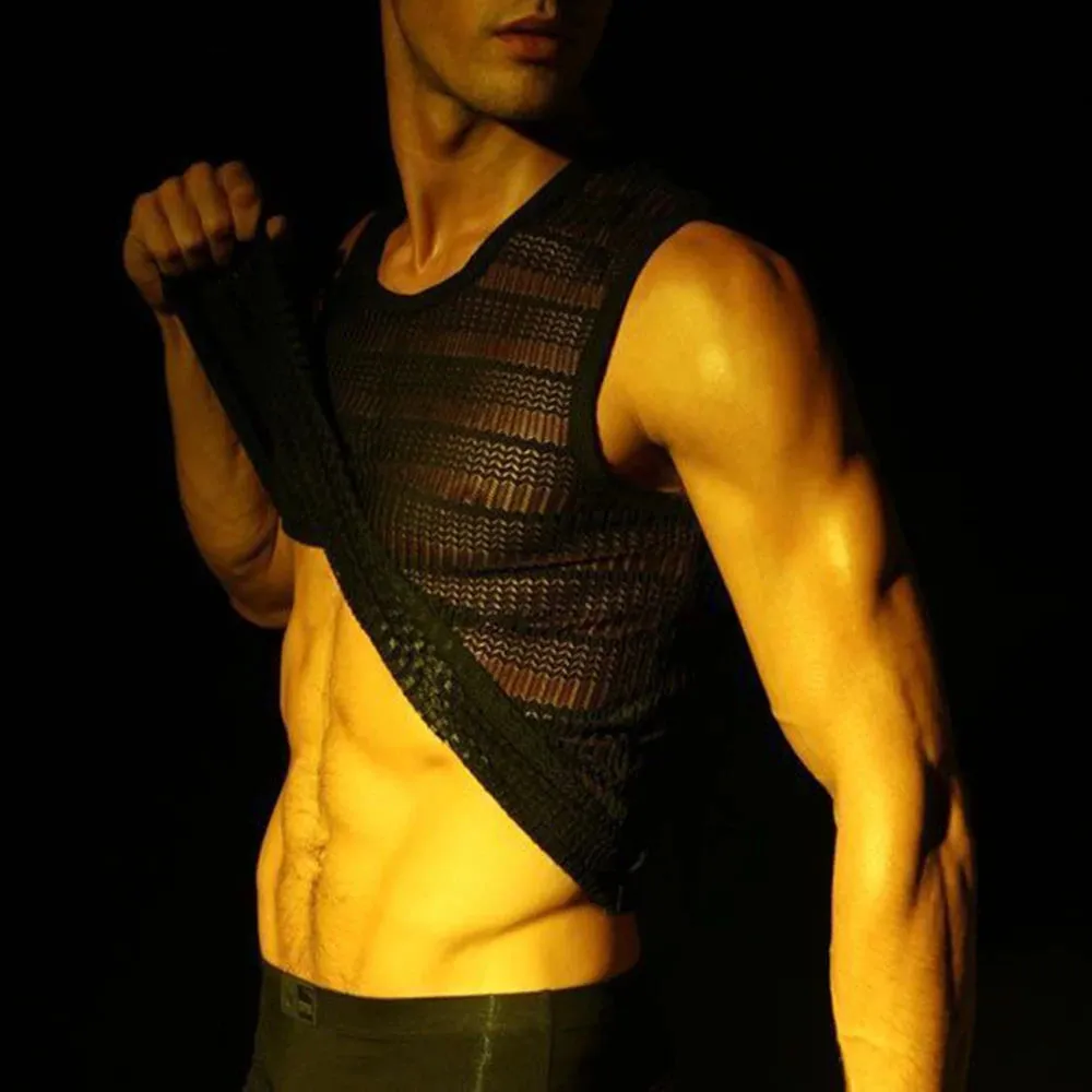 Mens Sexy Nightclub Hollow Out Perspective Stretch Vest