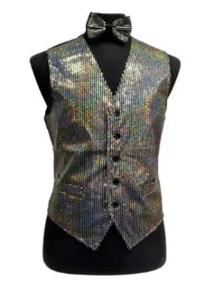 Men's Silver Sequined Vest with Bow Tie