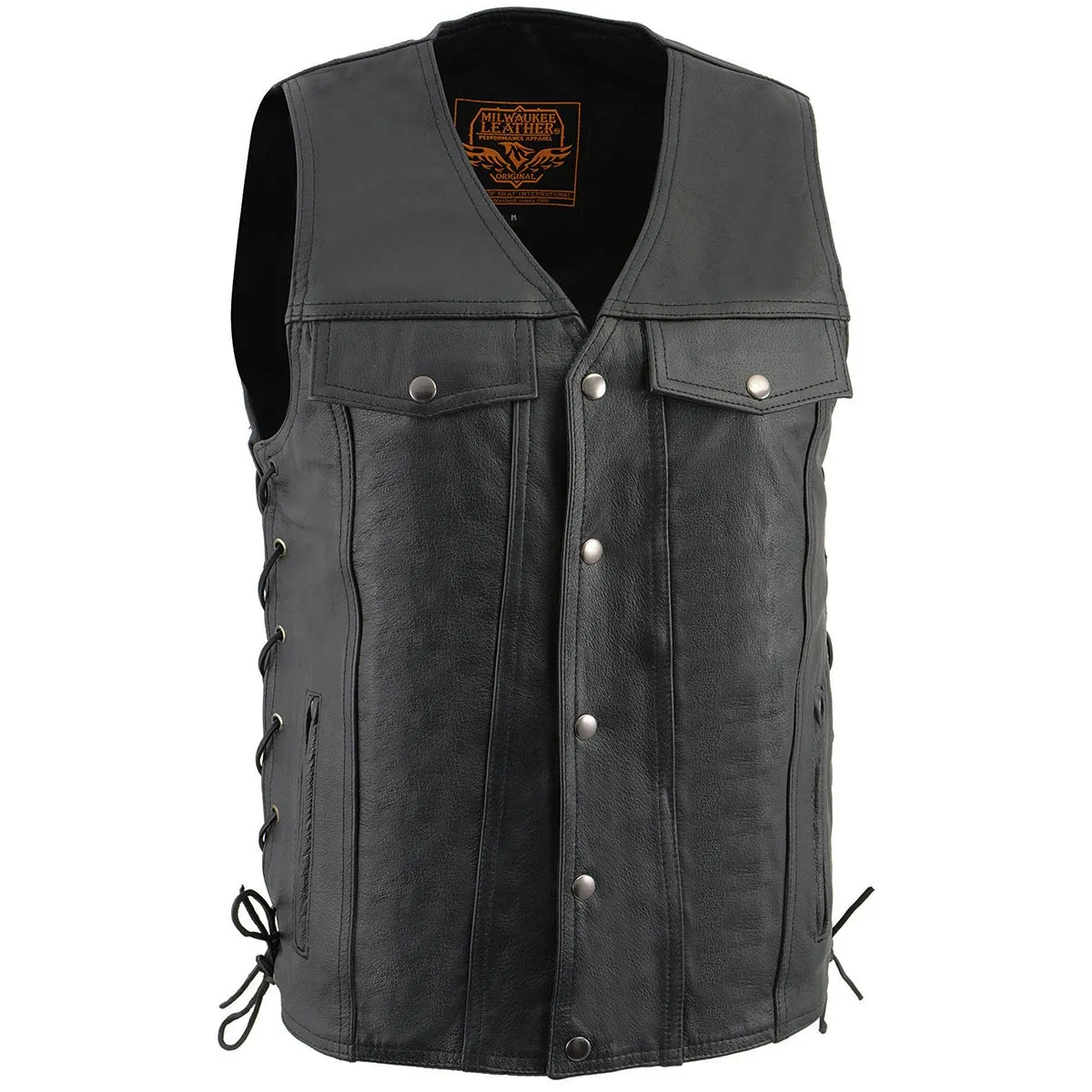 Milwaukee Leather LKM1360 Men's Black Leather Classic V-Neck Motorcycle Rider Vest w/ Snaps and Side Laces Closure