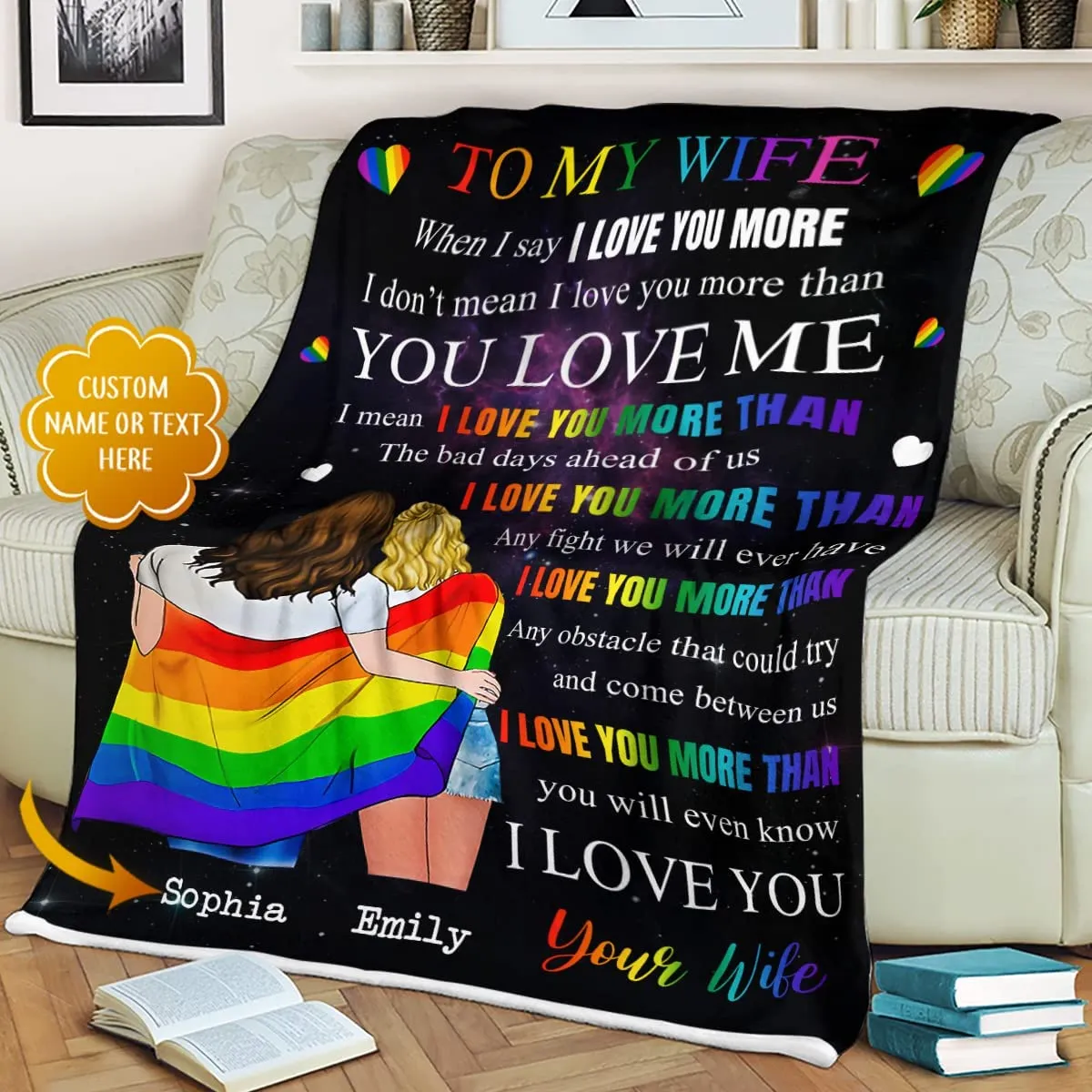 Personalized Bisexual Blanket With Couple'S Name To My Wife, Lgbtq Gay Pride Blanket Rainbow Lgbt Blanket