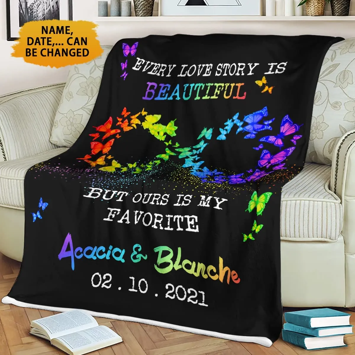 Personalized Rainbow Buttefly Gay Pride Blanket With Couple'S Names And Date, Lesbian Gay Trans Bisexual Blanket