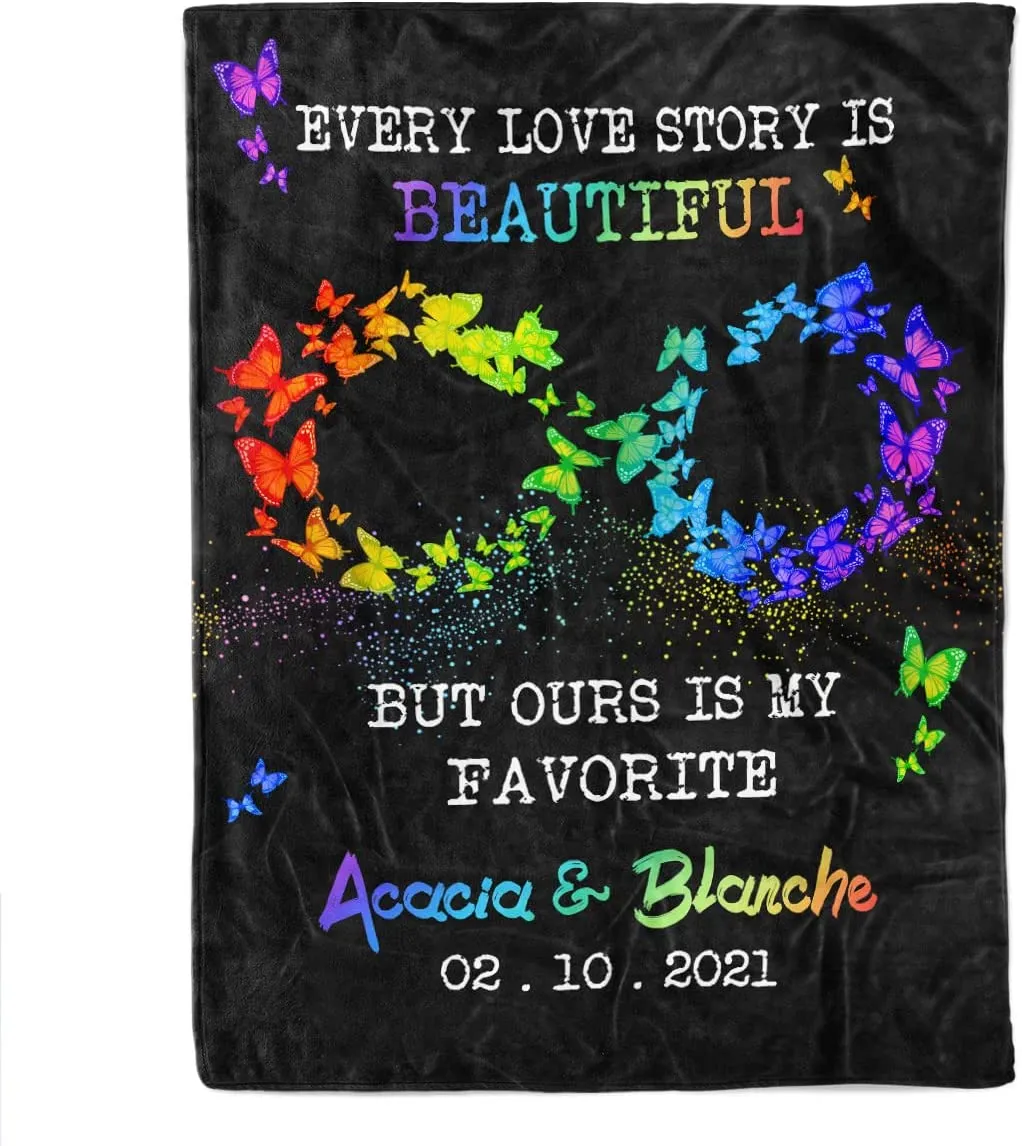 Personalized Rainbow Buttefly Gay Pride Blanket With Couple'S Names And Date, Lesbian Gay Trans Bisexual Blanket