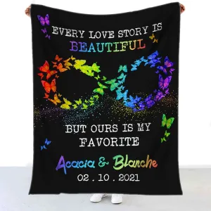 Personalized Rainbow Buttefly Gay Pride Blanket With Couple'S Names And Date, Lesbian Gay Trans Bisexual Blanket