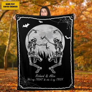 Teesdily | Couple Dancing Skeleton Personalized Fleece Blanket Gothic Skeleton Sofa Blanket Custom Halloween Gift For Wife Husband Boyfriend Girlfriend